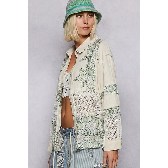 POL Boho Printed Crochet Patchwork Design Buttoned Long Sleeves Shirt | Gum Leaf - Picture 3 of 4